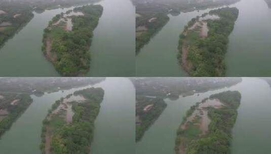 烟雨中的江心小岛航拍高清在线视频素材下载