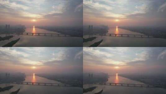 湖北襄阳城市清晨迷雾航拍高清在线视频素材下载
