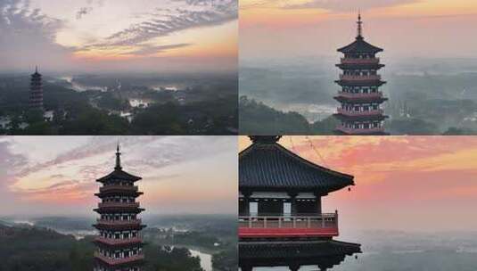 航拍清晨朝阳扬州大明寺栖灵塔高清在线视频素材下载