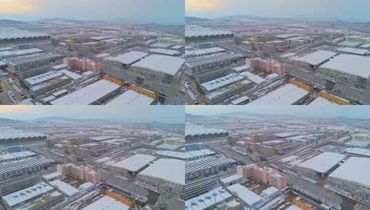 冬季航拍烟台大雪后的城市建筑和晚霞风景高清在线视频素材下载