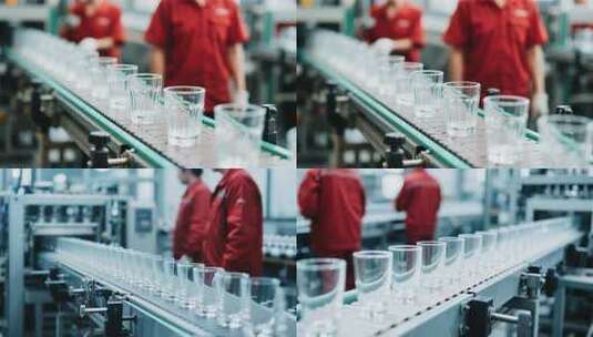 工厂工人操作玻璃杯流水线高清在线视频素材下载