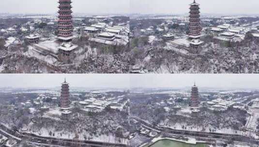 航拍瘦西湖景区园林大明寺观音山宋夹城雪景高清在线视频素材下载