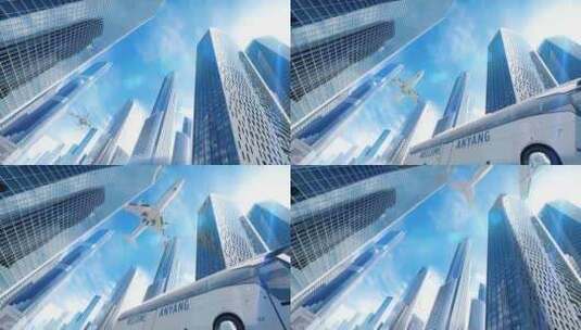 安阳飞机降落城市摩天大楼，车上有欢迎标志高清在线视频素材下载