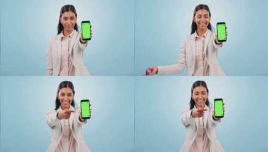快乐的女人，生意和指向手机绿屏的广告空间高清在线视频素材下载