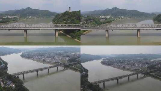 航拍湖南黔阳古城沅江铁路桥高清在线视频素材下载