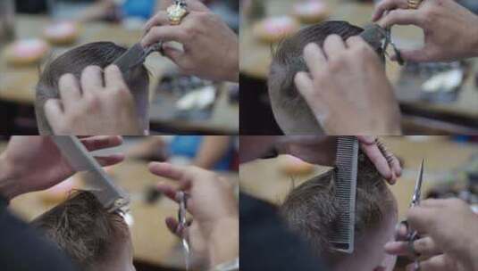 沙龙里的儿童理发，一个小男孩在理发师那里高清在线视频素材下载