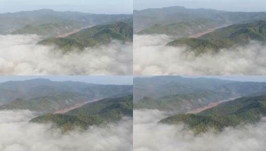 航拍长白山清晨大雾高清在线视频素材下载