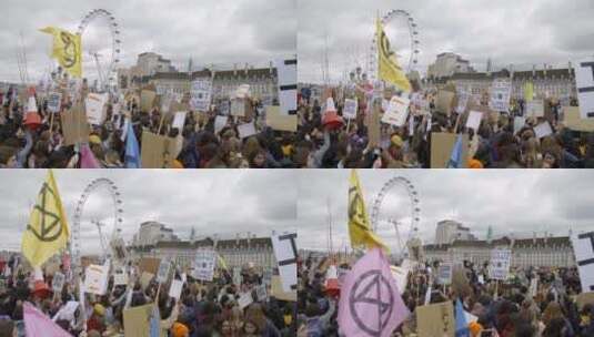 伦敦眼附近的大规模抗议人群高清在线视频素材下载