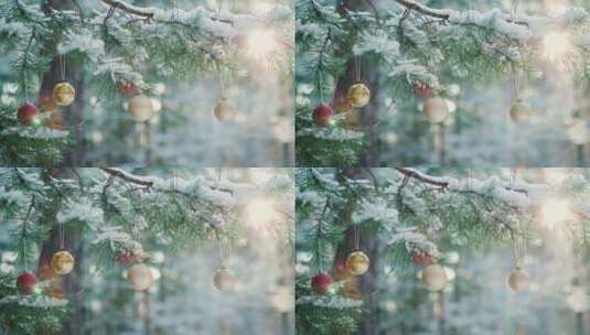 户外落雪的松枝上挂着几个装饰球高清在线视频素材下载