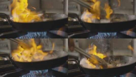 厨师用平底锅在制作牛排高清在线视频素材下载