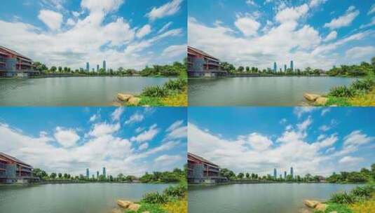 南宁青秀山兰湖东盟商务区高楼倒影高清在线视频素材下载