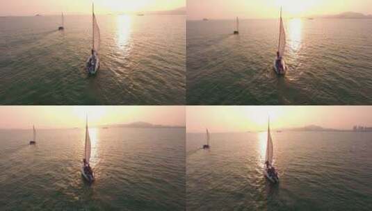 DJI004海上 出海 帆船 黄昏 日落 日出 航拍高清在线视频素材下载