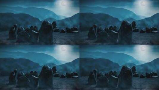 山谷中的石头圈与动画雾高清在线视频素材下载
