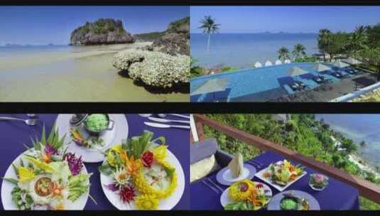 海南浪漫海边度假别墅美食蓝天白云海边泳池高清在线视频素材下载