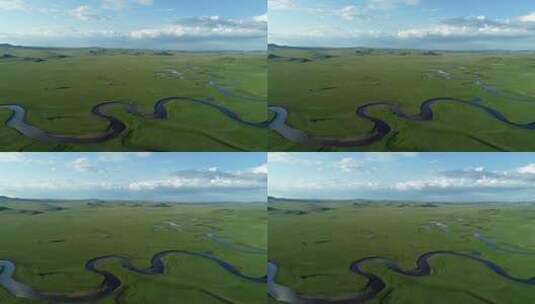 航拍绿色牧场弯曲河流高清在线视频素材下载