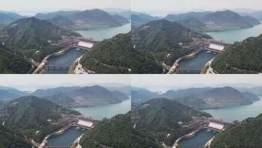 杭州建德白沙镇新安江水库大坝早晨航拍高清在线视频素材下载