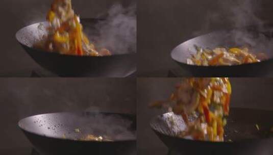 炒菜被扔进锅里的慢动作镜头高清在线视频素材下载