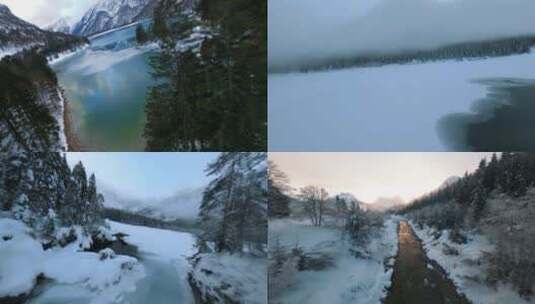 航拍冬季湖泊雪山森林云雾高清在线视频素材下载