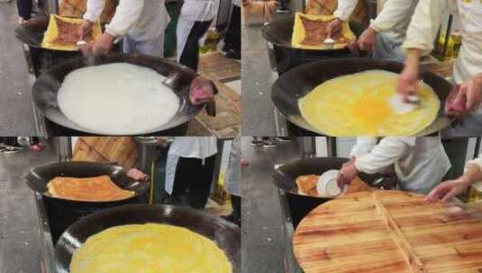 武汉街头特色美食小吃早餐豆皮制作过程高清在线视频素材下载