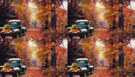 美丽的秋天大自然与汽车高清在线视频素材下载