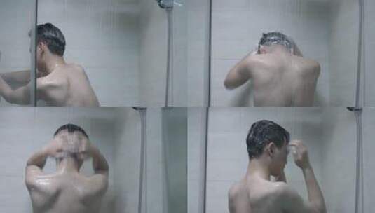 男人洗澡洗头背影高清在线视频素材下载