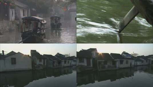苏州水乡小桥流水小船穿行河道雨中瓦当高清在线视频素材下载