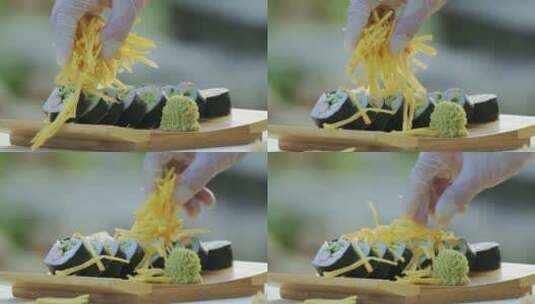 厨师用薯条装饰日本寿司高清在线视频素材下载