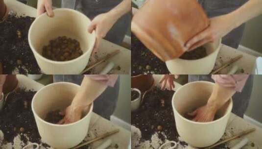 女人把粘土鹅卵石和土壤放进罐子里高清在线视频素材下载