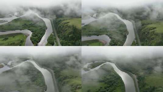 航拍湿地河流云雾风光高清在线视频素材下载