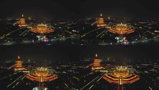 河南洛阳名堂天堂景区夜景灯光航拍高清在线视频素材下载