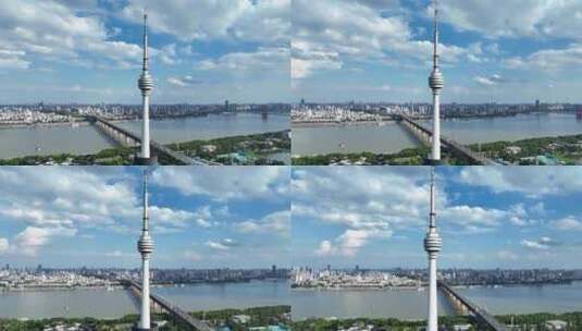 航拍武汉蓝天白云城市地标电视塔与长江大桥高清在线视频素材下载