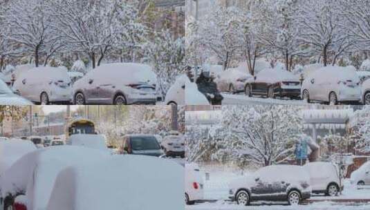 初冬北方冬季寒潮雪后街道车辆除雪高清在线视频素材下载