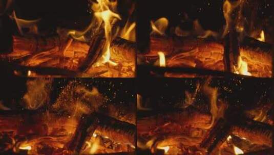 炭火篝火木柴火焰燃烧火星高清在线视频素材下载