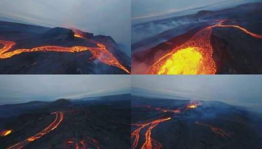 航拍正在喷发的火山口，炼狱般的岩浆流动高清在线视频素材下载