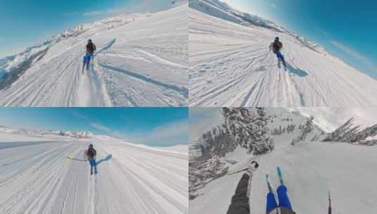 滑雪第一视角森林滑雪户外滑雪高清在线视频素材下载