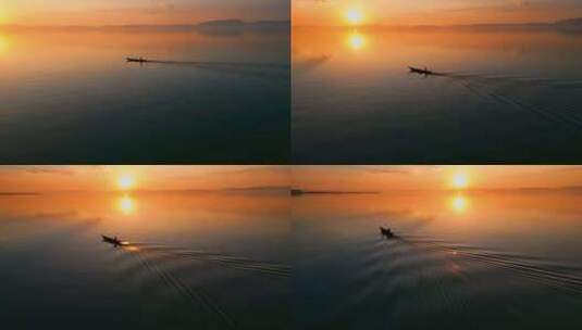 金色夕阳昆明滇池水面渔船美景高清在线视频素材下载