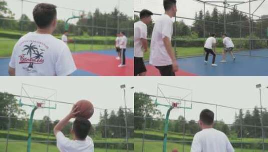 年轻人在街头打篮球投篮进框高清在线视频素材下载