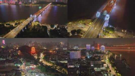 湖北黄鹤楼公园武汉长江大桥夜晚夜景航拍车高清在线视频素材下载