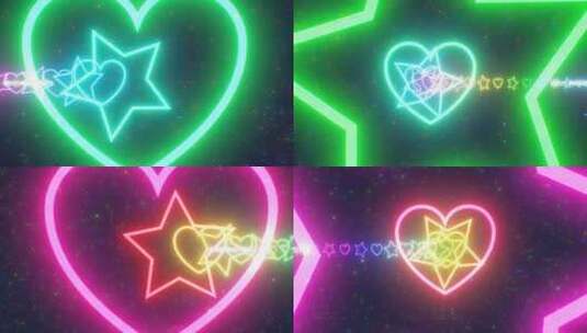 飞翔在无尽的彩虹霓虹灯发光隧道的心和星形高清在线视频素材下载