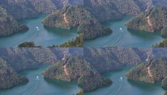 诸暨旅游景点五泄湖湖面快艇航拍高清在线视频素材下载