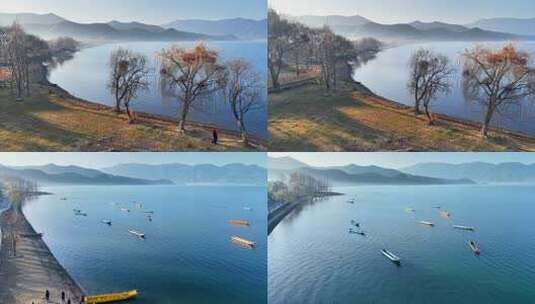 湖泊边的树木草地及远处山峦景色高清在线视频素材下载