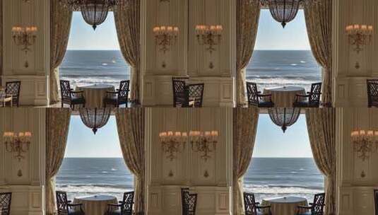 海景餐厅室内布置与窗外海景高清在线视频素材下载