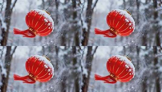 飘雪下悬挂的中式红灯笼高清在线视频素材下载