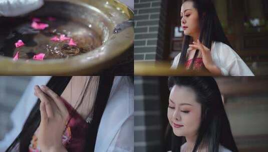 古装女子用铜脸盆 洗脸 洗头发 古风 古代高清在线视频素材下载