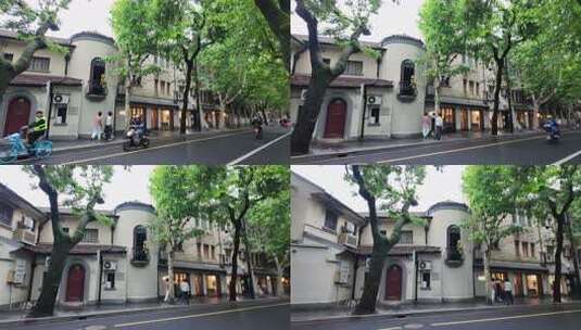 街道旁欧式建筑与行人景象高清在线视频素材下载