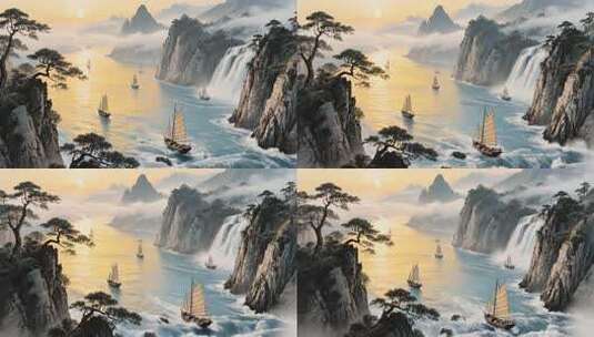 中式山水风景含帆船瀑布高清在线视频素材下载