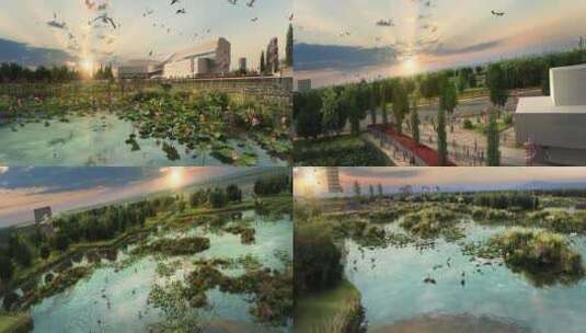 绿色生态湿地公园白鹭丹顶鹤黄昏三维动画高清在线视频素材下载