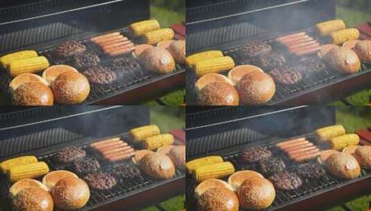 热烤架上混合的烧烤食物高清在线视频素材下载