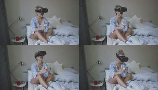 女人在床上看虚拟世界高清在线视频素材下载