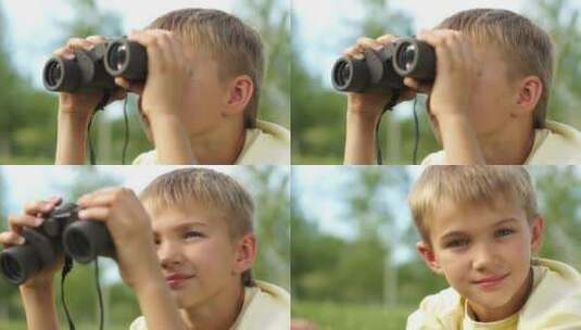 一个男孩在户外透过望远镜看的特写肖像高清在线视频素材下载